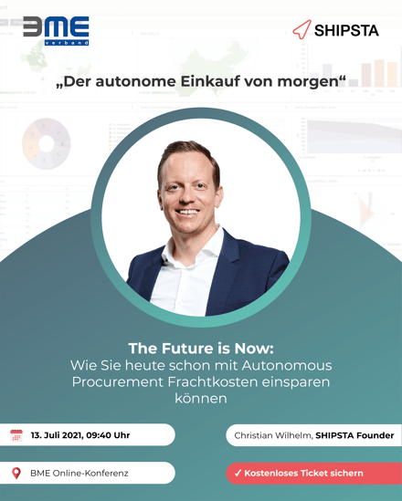 Flyer for Christian Wilhelm's talk: The Future is Now: Wie Sie Heute schon mit Autonomous Procurement Frachtkosten einsparen können.
