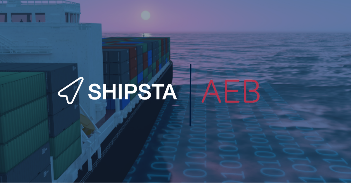 Shipsta and AEB logos on an image of a container ship
